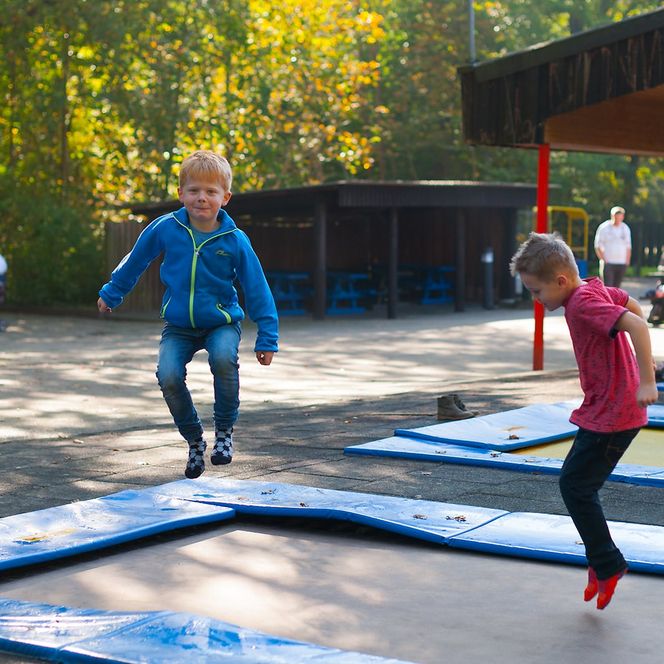 Zwei Kinder toben auf einem Trampolin 