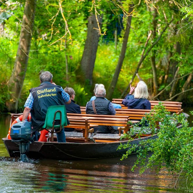 Vollbesetzter Sietland-Kahn von hinten. Im Hintergrund am Ufer sind grüne Bäume