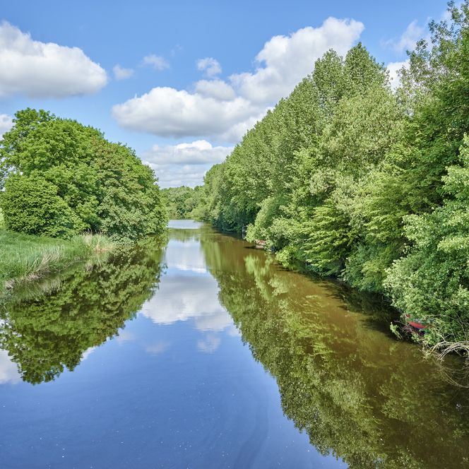 Der Fluss Lune läuft durch eine grüne Landschaft. Auf der rechten Seiten ist er umrahmt von Bäumen, auf der linken Seite zeigt sich ein Feld. 