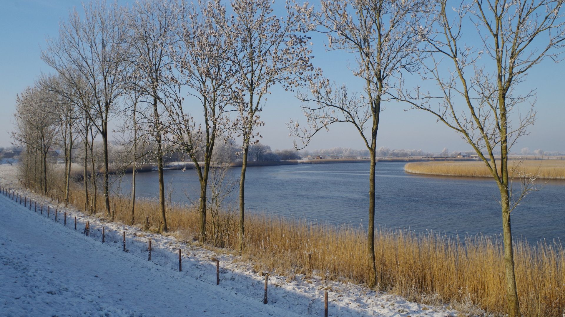 Blick über den winterlichen Ostedeich auf die Oste zwischen Neuhaus uns Geversdorf