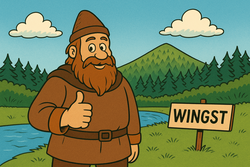 Der Riese Wingis als Comicfigur zeigt mit dem Daumen nach oben.