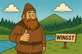 Der Riese Wingis als Comicfigur zeigt mit dem Daumen nach oben.