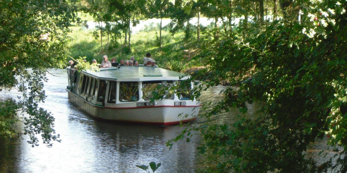 Blick von vorn auf das Aussflugsschiff Onkel Heinz auf der Medem. Vorne grüne Äste, hinter dem Fluss eine Wiese.